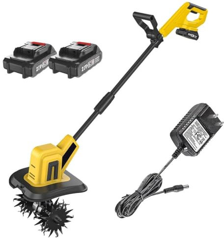 Powerful Cordless Electric Tiller Cultivator for Allotment, Lawn, Garden 22cm Working Width, 16cm Depth, Rotavator Tool, 2×2000mAh Batteries Included