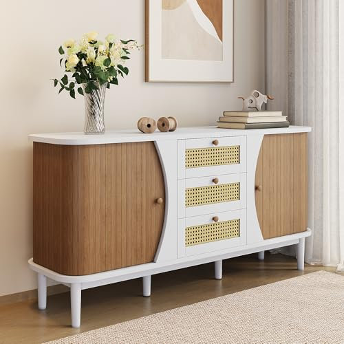 Easexcy Sideboard, Rattanschrank mit Schubladen, Kommode mit Schiebetüren ，140,5 L x 40 B x 76 H cm (Weiß und Holzfarbe)