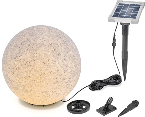 Esotec Solar Stein-Leuchtkugel, D=40cm, 9 Leuchtfarben, Dauer oder Wechsellicht, Akku, Solarmodul, Erdspieß, Solarmodul-Wandhalterung, Schraubbefestigung, Solarkugel, Solarstein, Winterfest 106118