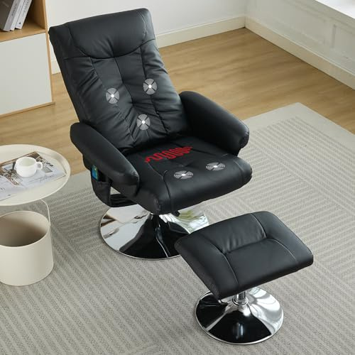 DEKKETO Relaxsessel mit Hocker, Fernsehsessel mit Liegefunktion, TV Sessel mit Metallfußstütze und Seitentasche, 360° Drehstuhl Wohnzimmer, PU Leder, Schwarz