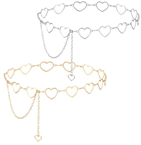 2 PCS Love Heart Chain Belt Gold Silver Fashion Waist Chain for Women Y2k Metal Hearts Belly Skirt Belt Pendant Adjustable Body Chains with Link Belts for Dress Jean