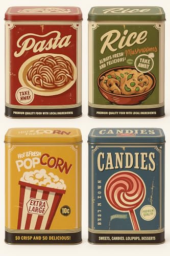 Muddy Hands Set of 4 Retro Vintage Metal Kitchen Canisters with Lids - Rectangular Storage Tins for Pasta, Rice, Popcorn & Sweets - Decorative Food Storage Containers