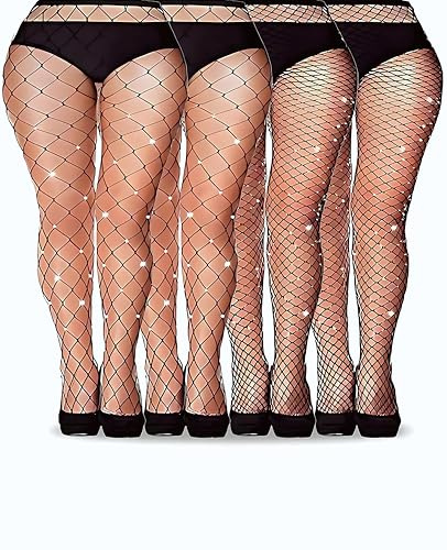 Geyynow 4 Pair Rhinestone Fishnets Plus Size, Black Sparkly Diamond Stockings for Women, Large Medium Mesh Glitter Fishnet Tights