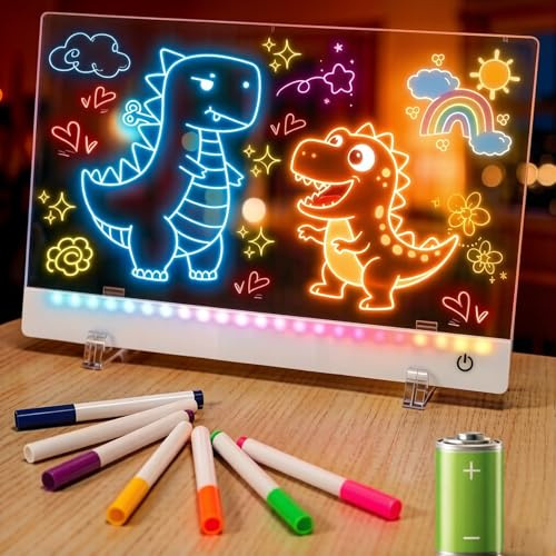 PAIRIER Tablette Lumineuse Dessin, Rechargeable Tableau Lumineux Effaçable 7 Couleurs avec Stylo et Support Réglable,Tablette Ecriture pour Maison,Cadeaux d'anniversaire et de Noël