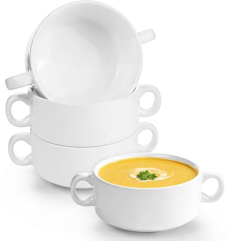 Aleker Soup Bowls with Handles Set of 4, 300ml White Ceramic Soup Mugs Breakfast Bowl French Onion Soup Bowl Serving Bowl for Oatmeal, Curry, Lasagne, Salad, Fruit, Oven Microwave Dishwasher Safe
