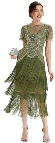 Ever-Pretty Women's 1920s Flapper Cocktail Dress Beaded Fringe Midi Dress for Evening Party Vintage Events Olive Green 20UK