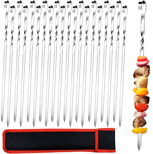 20 Stk Schaschlikspieße Edelstahl 39 cm für Lagerfeuer Grillschale BBQ | 304-Edelstahl für Robust & Rostfrei, 1,8 mm Dick, Twists Design am Griff, Starker Halt, Waschbar, Wiederverwendbar,Mit Beutel