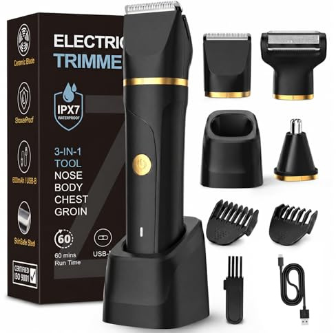 Manscape Body Trimmer Men,3-in-1 Pubic & Nose & Beard Shavers for Men,IPX7 Waterproof, USB Rechargeable Ball Trimmer Men Grooming Kit with 2 Combs,Painless Nose Hair,Wet & Dry