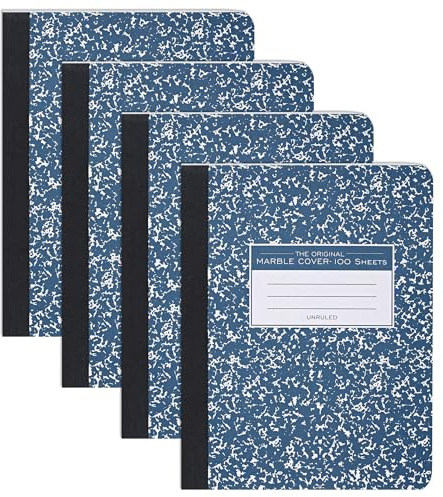 ROARING SPRING Unliniertes Kompositionsbuch mit festem Einband, 4 Stück, 24,8 x 19,1 cm, 100 Blatt, blauer Marmoreinband