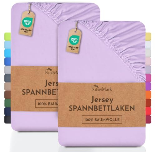 NatureMark 2er Pack Jersey Spannbettlaken, Spannbetttuch 100% Baumwolle in vielen Größen und Farben MARKENQUALITÄT ÖKOTEX Standard 100 | 140 x 200 cm - 160 x 200 cm - Flieder/Lavendel