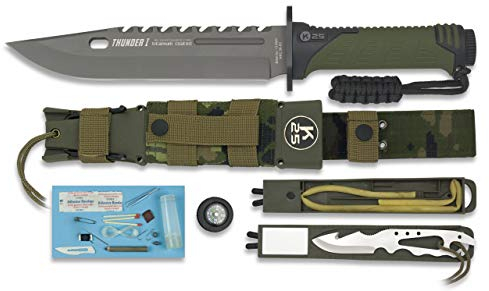 K25 Cuchillo Thunder I Camuflaje ESPAÑA Hoja 20 cm para Caza, Pesca, Camping, Outdoor, Supervivencia y Bushcraft K25 32019 + Portabotellas de regalo