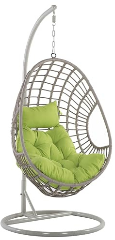 Polyrattan Hängesessel mit Gestell Stahl beige Eiform Kissen grün Boho Arpino