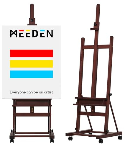 MEEDEN Cavalletto per Pittura in Legno: H Frame Grande Cavalletto in Faggio Massiccio con Ruote e Vassoio di Stoccaggio - Regolabile da 190-370CM, può Contenere arte su Tela Fino a 236CM