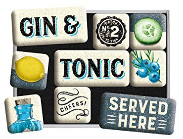 Nostalgic-Art Retro Kühlschrank-Magnete, 9 Stück, Gin & Tonic Served Here | Magnetset für Magnettafel, Vintage Design, Geschenk-Idee für die Hausbar