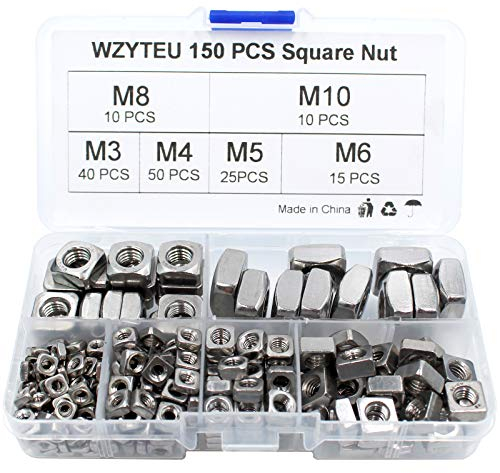 WZYTEU Juego de 150 tuercas cuadradas M3 M4 M5 M6 M8 M10 de acero inoxidable con caja organizadora de plástico, herramientas de cierre de tuercas de tornillo de máquina