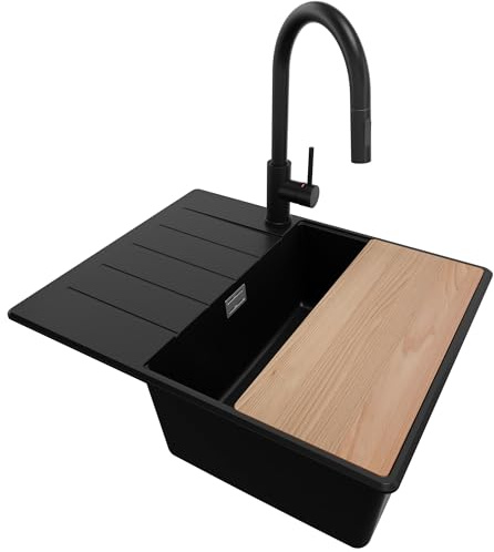 PRIMAGRAN Granitspüle ab 45er Unterschrank + Küchenarmatur, 62x50cm | Set: Küchenarmatur BW9010 + Ablauf-Set + Schneidebrett + Eckspüle 1 Becken - Kopenhagen, Schwarz
