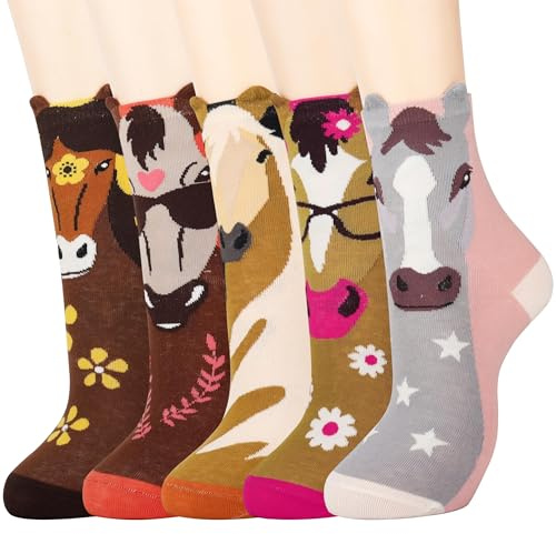 Jeasona 5 Paires Chaussettes Cheval Femme 35-38 Coton Cadeau Cheval Femme/Ado Fille/Maman/Soeur/Meilleure Amie Anniversaire Noel Chevaux Equitation Equipement Chaussettes Rigolotes Humour