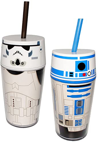alles-meine.de GmbH 2 Stück Becher/Trinkflaschen - Star War - Stormtrooper / R2 D2-400 ml - mit Strohhalm & Deckel - Becher/Sommerglas - Trinklernbecher - Plastikbech..