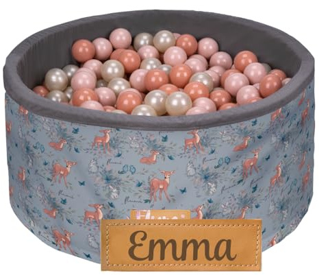 Flumi Personalisierte Bällebad Baby ab 1 Jahr - Bällepool Kinder 90x40cm mit 200 Bällebad Bälle ∅ 7cm in EU hergestellt - Oeko-TEX und CE-Zertifiziert - (Rehe)