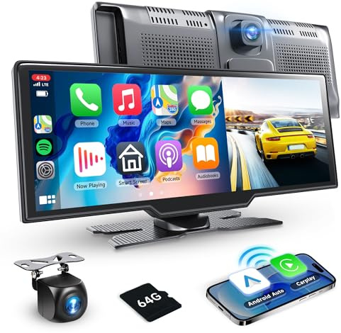 Podofo Tragbar Wireless Carplay Bildschirm mit 2K Dashcam Vorne und HD Rückfahrkamera, 9,3-Zoll Drahtlosem Car Play Android Auto Touch Screen Display mit Bluetooth/GPS/Siri/FM/AUX/64G TF Karte