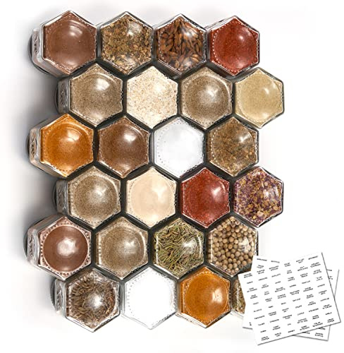 Homazing Set of 24 Hexagon Glass Spice Jars with Shaker Lids and Labels for Refrigerator, Kitchen, RV Travel Trailer Magnetic Containers