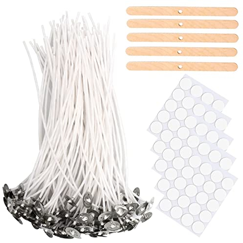 Kerzendocht, 100 Stück kerzendochte für Kerzen Selber Machen, 5 Blätter Kerzendocht Aufkleber 5 Stück Dochthalter aus Holz Kerzendocht Set, 4 IN