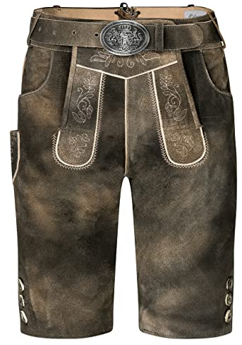 Schöneberger - Pantaloni corti da uomo in pelle, con cintura tradizionale bavarese, stile vintage, Liam, Marrone/Vintage, 52