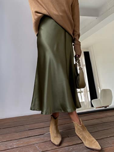 JACTZ Satinrock Frauen Seide Satin Rock Sommer Elegante Lange Röcke Hohe Taille A-Linie Schöne Gril Midi Rock-Olive Green,XL