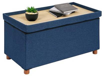 Bonlife Footstool for Living Room,Blue Ottoman Storage Box with Tray,Folding Ottoman Coffee Table with Storag,76x38x38cm