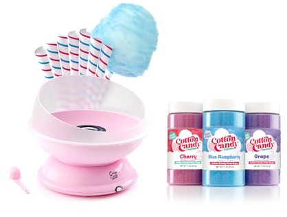 Cotton Candy Express Floss Sugar Variety Pack with three total 11oz Plastic Jars of Cherry, Blue Raspberry & Grape Flossing Sugars bundled with Cotton Candy Express CC1000-S Cotton Candy Machine, Pink