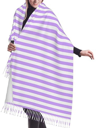 GRatka Schal, lila und weiß gestreift, Unisex-Schal mit Fransen, großer, warmer, weicher Kaschmir-Schal, Wickeltücher, 196 x 68 cm