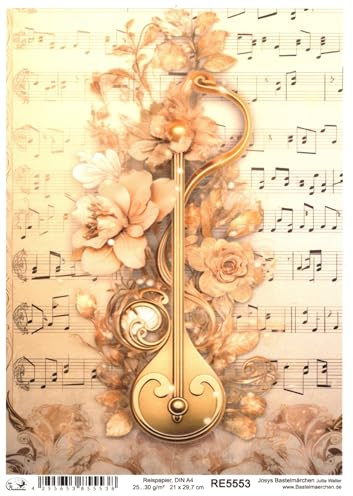 Josys Bastelmärchen Reispapier A4 Strohseide Decoupage Notenschlüssel Noten Vintage Gold RE5553