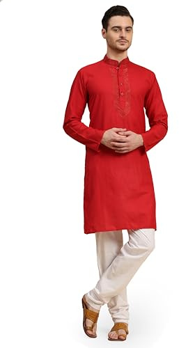 SKAVIJ Herrbroderad bomullsblandning Kurta Set för män Indien etnisk klänning, Röd, S