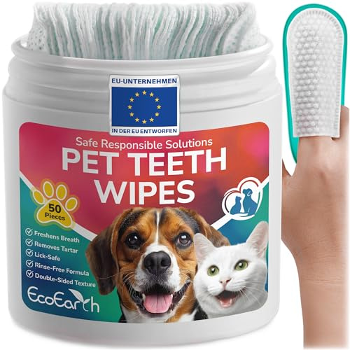 EcoEarth Salviette per la Pulizia dei Denti di Alta qualità per Cani e Gatti - 50 Pezzi - Dischetti per la Cura Dentale degli Animali Domestici per Un alito Fresco e un'igiene Orale