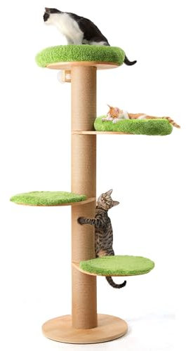 FUKUMARU Kratzbaum, 5 Etagen Kratzbaum mit geräumigen Plüsch Bett, vielseitig Fenster oder Wand Mount Kletterturm, mit 14cm dicken Kratzsäule Katzenbaum zum Schlafen, Kratzen und beobachten，grün