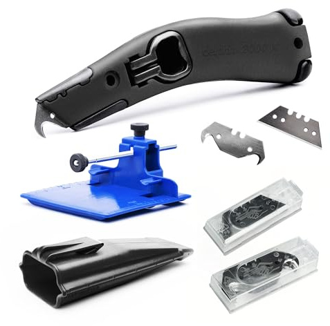 Teppichverlege Set, bestehend aus Delphin®-2000K, 10 Trapezklingen, 10 Hakenklingen, Streifenschneider, Kunststoffköcher