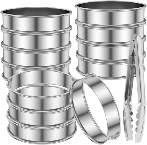 12PCS English Muffin Rings, tainless Steel Crumpet Tart Rings - Double Rolled Round Metal Pastry Ring Molds for Baking Cooking with Clamp, Rings Molds for Cooking English Muffin (4 inch)