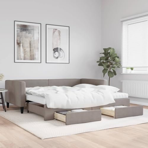 LAPOOH Tagesbett Ausziehbar mit Schubladen Taupe 100x200 cm Stoff, Schlafsofa, Daybed, Bettsofa, Sofa Bed, Sofabett, Schlafcouch, Jugendbett, Bettgestell, Bettcouch - 3196640