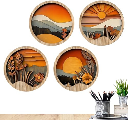 Quadri Boho per Decorazione Pareti, Arte Bohemien per Pareti, 4 Cornici Tonde in Legno 20x20cm con Design Geometrico per Appartamento, Ingresso, Corridoio e