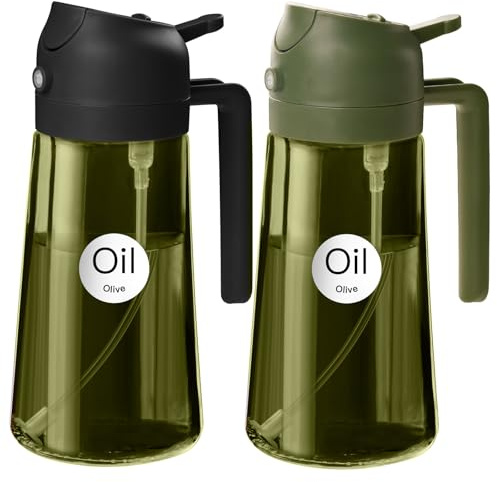 YARRAMATE 2 piezas Dispensador de Aceite de Oliva Juego con Scuro Protezione Dalla Luce, 470ml 2 en 1 Spray de Cocina, Verde Pulverizador de Aceite de Calidad Alimentaria (Negro y Verde)