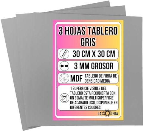 LA SOLERA Pack 3 Hojas Tablero MDF GRIS | 300 x 300 x 3 mm | Tablero de Fibra de Densidad Media | Manualidades | Pirograbado | Corte Laser | Modelado | Tabla Madera | Corte Limpio Sierra
