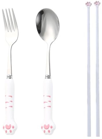 Reusable Cat Paw Chopsticks Set for - 3Pcs Cute Kitchen Utensils with Non-Slip Grip, Lightweight Plastic Chopsticks, Spoon & Fork (24cm, Cat Lovers Gift)