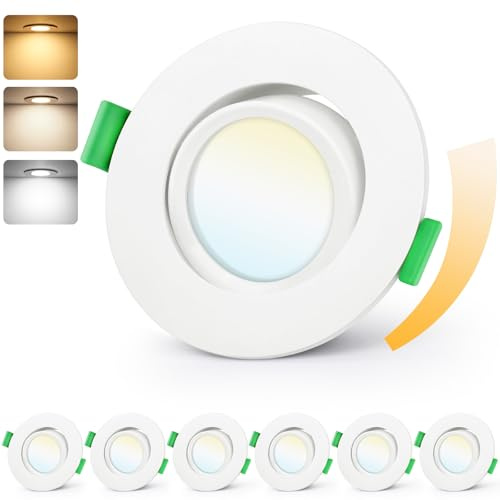 GeyouLux LED Einbaustrahler 230V Dimmbar 68mm, 5W IP44 3CCT Deckenspots | 45° Schwenkbar 2700K Warmweiß 4000K Neutralweiß 6000K Kaltweiß Ultra Flach Einbauspots für Badezimmer 6er Set Weiß