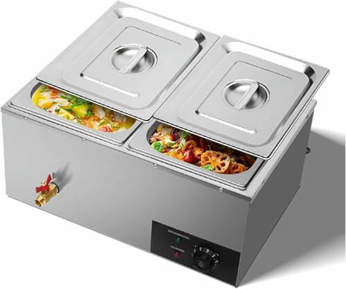 HOTAPEPU Chauffe-Plats en Acier Inoxydable 18 L avec Robinet De Vidange en Cuivre - Buffet À Deux Compartiments pour La Restauration Et Les Événements, 57.5 * 38 * 27 Cm~/