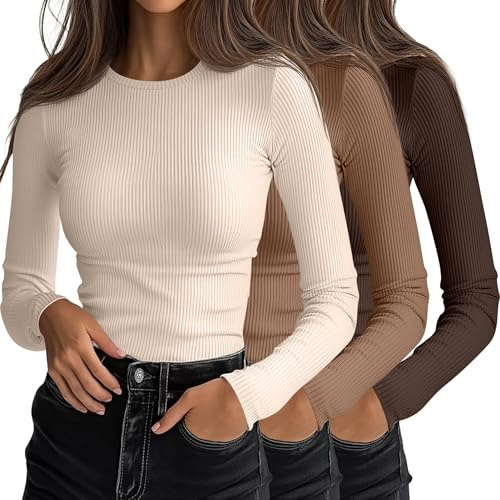Ficerd Lot de 3 Chemises à Manches Longues pour Femme, col Ras du Cou, Coupe Slim, Tricot côtelé, décontracté, Extensible(Marron, Kaki, Beige Clair,M)