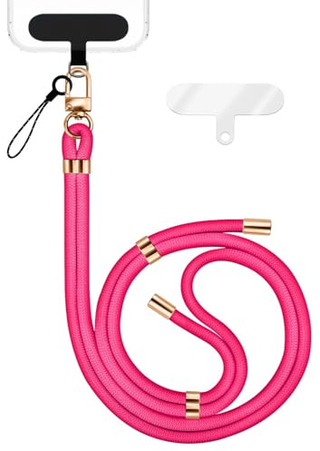 NALIA Universal Handykette für alle Smartphones, Neon Pink, Gold Metall | Voluminöses Band liegt weich auf der Haut, Ohne Kleben montiert, Trägt auch Kompaktkamera und Wallet, HOLDME
