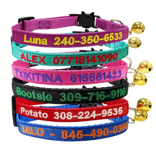 Personalisiertes Katzenhalsband, bestickter Katzenname und -nummer, verstellbares Nylon-Haustierhalsband mit Sicherheitsschnalle (18–28 cm), mehrfarbig, ausbruchsicher