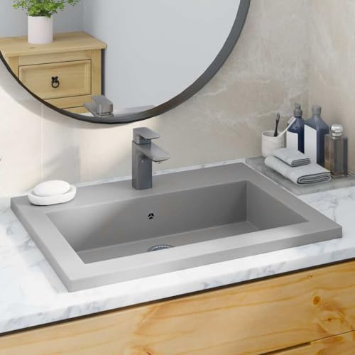 Qnhdfrt Lavabo grigio 600 x 450 x 120 mm, moderno lavabo da appoggio in granito smaltato con troppopieno e foro per rubinetto, per bagno, ospiti, WC e guardaroba
