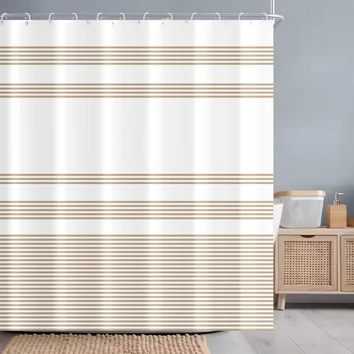 Duschvorhang 180×200 cm - Beige Streifendesign Duschvorhang Anti-Schimmel Wasserdichter Badevorhänge Schnelltrocknend Waschbar Shower Curtain mit Ösen12 Duschvorhangringe für Badezimmer, Badewann