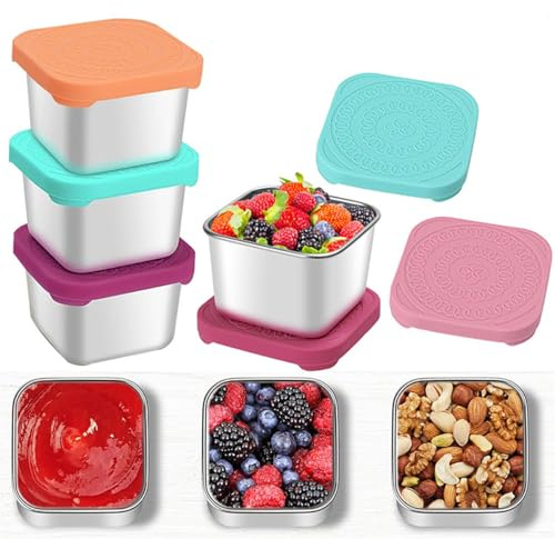 4 Stück 180ML Edelstahl Klein Lebensmittelbehälter mit Silikondeckeln | Gefrierdosen Klein Dosen, Auslaufsichere Metall Lebensmittel Lagerung Box Container, für Snacks, Dips und Gewürze, Salat